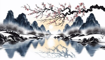 Chinese style ink and wash landscape with splashing white textures