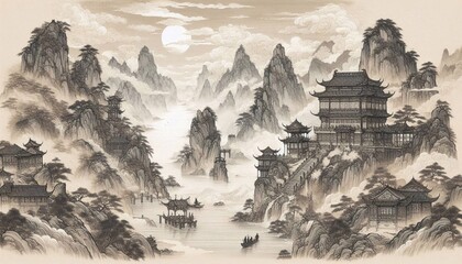 Chinese style ink and wash landscape with splashing white textures
