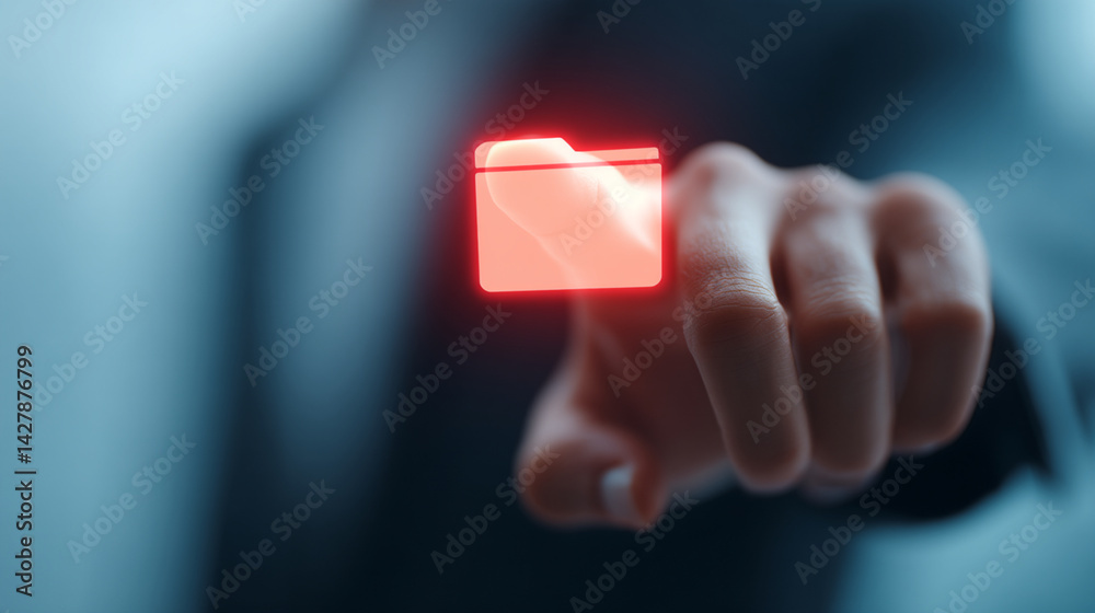 Poster accessing secure data folder concept with glowing red icon for data protection and privacy control