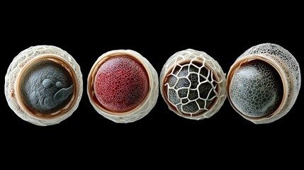 IVF and Science concept, Intricate spheres with textured surfaces displayed in a row against a dark background.