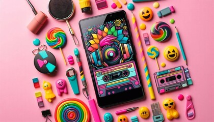 Stylish punk man with mobile music recorder in candy colors