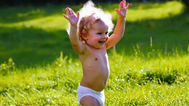 A joyful and happy toddler running around freely on a lush and vibrant green grass field during playtime