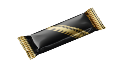 Black chocolate wrapper with golden accents, isolated on white or transparent background