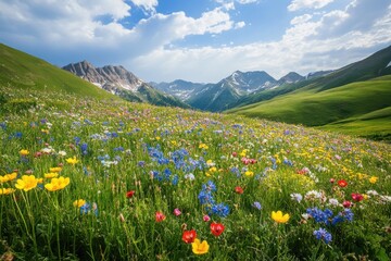 Fototapeta premium Colorful wildflower explosion in tranquil mountain meadow under bright midday sun for nature lovers and outdoor adventurers seeking vibrant landscape photography