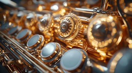 Fototapeta premium Close-up of a gold and silver musical instrument's intricate mechanism, showcasing its gears and buttons.