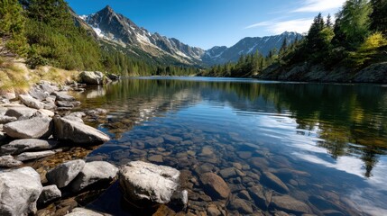 Serene mountain lake with clear water reflecting green trees and snow-capped peaks under a bright blue sky