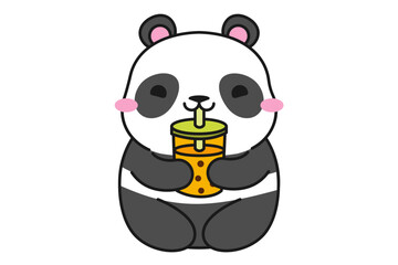 Cute cartoon panda with boba bubble tea. Kawaii panda bamboo bear. Mascot, logo, little bear icon. Stock vector illustration isolated on a white background.