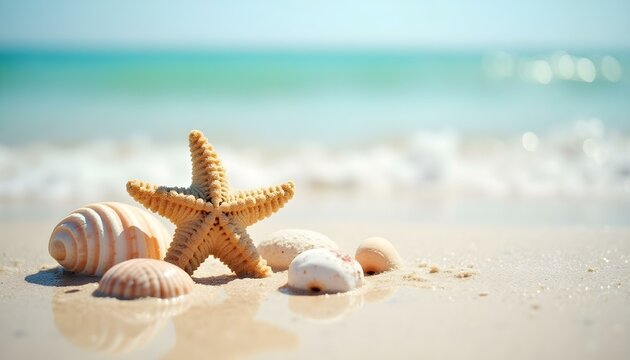 Wet sandy beach with starfish and seashells - Powered by Adobe