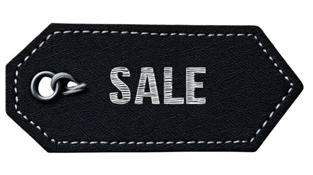 Black tag with stitched edges and SALE in white text, isolated on white or transparent background - Powered by Adobe