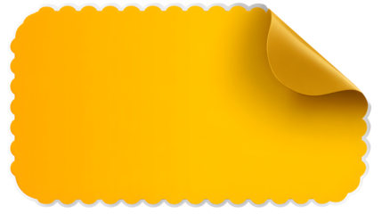 Bright yellow sticker with scalloped edge and curled corner, isolated on transparent or white background