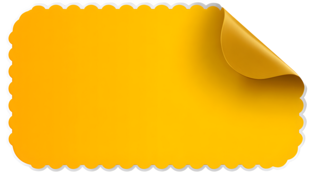 Bright yellow sticker with scalloped edge and curled corner, isolated on transparent or white background