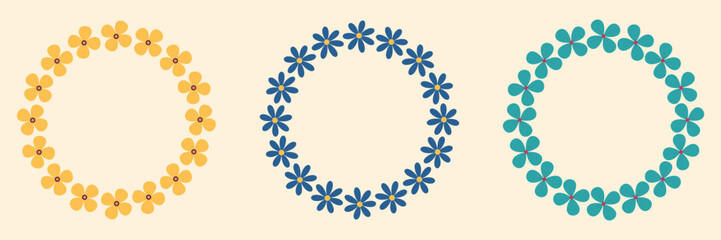 Groovy style flowers wreaths set. Circle frames collection. Simple flowers minimalistic style. Geometric flower. Vector illustrations. Retro bright flowers