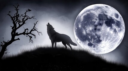 Mystical night illustration featuring a wolf howling at a luminous full moon