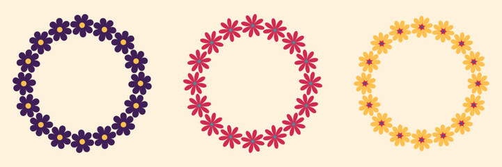 Groovy style flowers wreaths set. Circle frames collection. Simple flowers minimalistic style. Geometric flower. Vector illustrations. Retro bright flowers