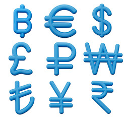3d Set Of Nine Blue Currency Symbol Icons Isolated On White Background, 3d Illustration