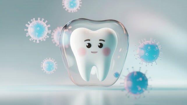 Tooth protected from viruses during pandemic dental hygiene awareness concept