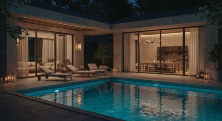 Obraz premium Swimming Pool at Night with Lounge Chairs and House