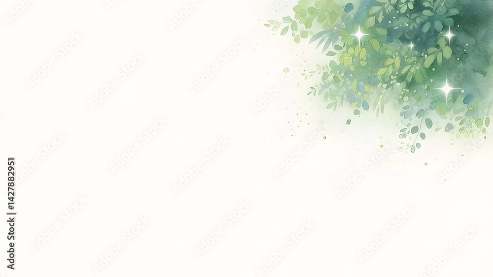 Poster 水彩画の緑の葉と輝く光の抽象的な背景 装飾的な植物デザイン 白い空間に手描きの爽やかなアートワーク