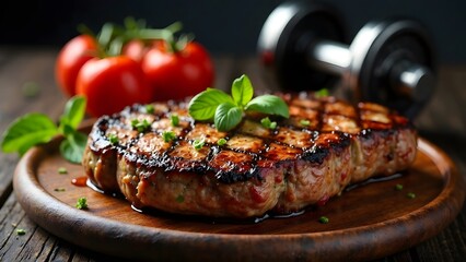 A piece of meat against the background of a dumbbell