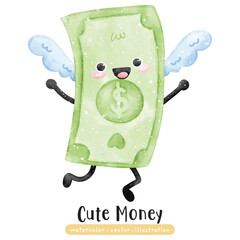 cute kawaii money dollar in watercolor finance vector illustration
