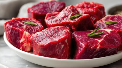 Panorama of fresh pet food in uncooked beef ingredients concept. Fresh cuts of beef displayed on a plate with herbs.