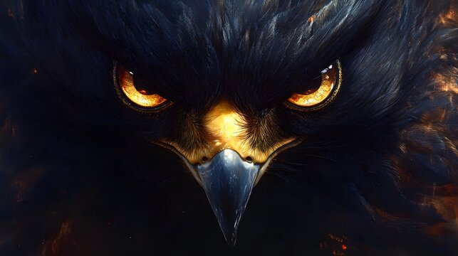 A close-up of a falcon is face with intense golden eyes