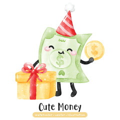 cute kawaii money dollar in watercolor finance vector illustration