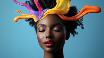 Naklejka premium Woman with a colorful headpiece is looking at the camera. Concept of creativity and individuality, as the woman's unique hairstyle and colorful accessories stand out against the blue background