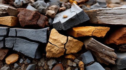Close-up of Various Types of Building Stones and Rocks in a Pile for Construction or Landscaping