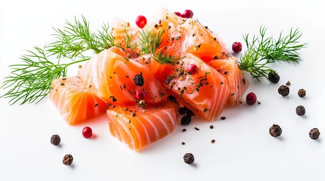 Pile of salmon with a sprinkling of black pepper and dill. The salmon is cut into small pieces and is surrounded by the spices
