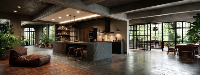 Fototapeta premium Modern Industrial Kitchen Design with Hybrid Elements and Natural Lighting
