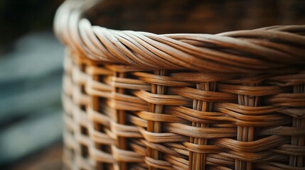 Close-up of a rustic woven wicker basket, showcasing intricate detail and natural texture.