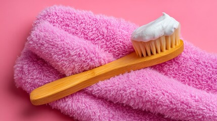 Soft Pink Towel with Bamboo Brush and Cream on Vibrant Pink Background