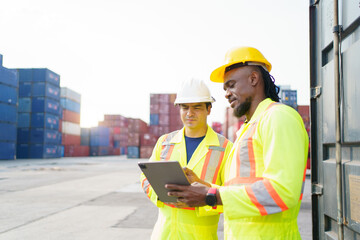 Fototapeta premium Engineers team or shipyard officers inspecting a containers in container yard.