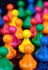 Colorful game pieces in same shape but different colors, board game and society related
