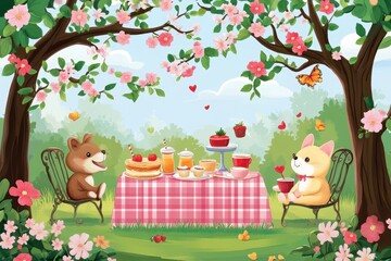 Adorable animal friends enjoy a springtime tea party.