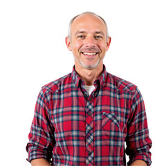 Fototapeta premium Smiling Caucasian Man in Checkered Red Shirt with Short Silver Hair Posed Against a transparent background