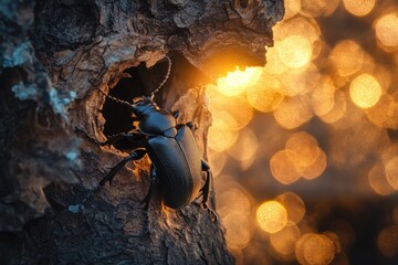 Dark beetle emerges from a tree cavity, illuminated by golden light.