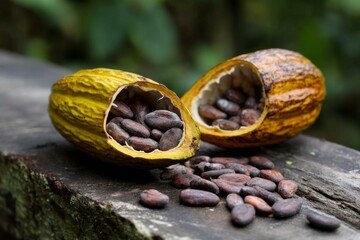 Cocoa pods split open revealing raw beans inside on a weathered wooden surface amidst blurred greenery