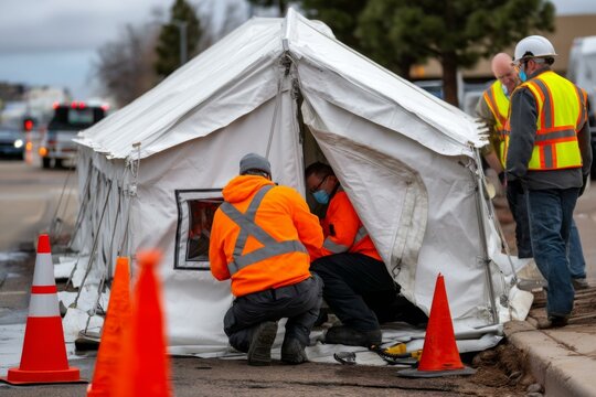 Emergency crew setting up mobile command tent during disaster response exercise on a city street