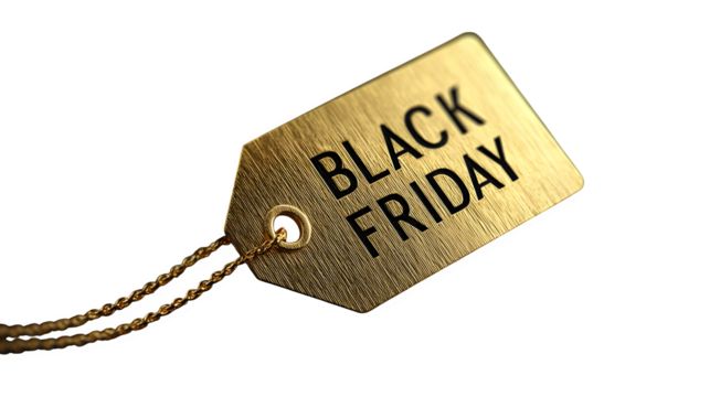 Golden Black Friday tag on a dark reflective surface, isolated on transparent background