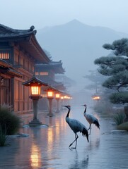 Serene Japanese Garden at Dusk with Lit Lanterns and Elegant Cranes Wandering