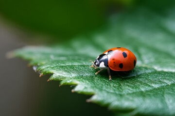 Ladybug resting on a vibrant green leaf in a close-up view, showcasing intricate details of the insect and leaf texture