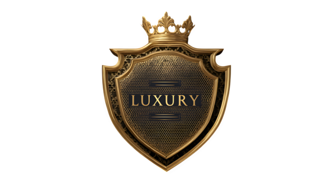 Golden shield with "Luxury" text and crown on a dark background, isolated on transparent background - Powered by Adobe