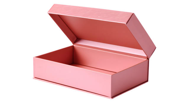 Open pink rectangular box with magnetic closure, isolated on white background