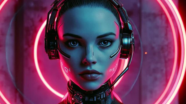 Female cyborg close-up with glowing background rings in a futuristic setting, Female cyborg zoom on background rings