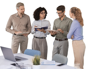 Startup business team on meeting working on laptop on a transparent background