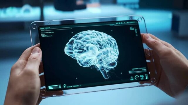 "Futuristic Transparent Tablet with 3D Holographic Brain Scan &ndash; Advanced Medical Tech & Neural Interface Visualization"