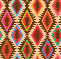 zigziag stars diamonds geometric abstract folk art modern rainbow and brown on beige colored seamless pattern, vector illustration repeat design print