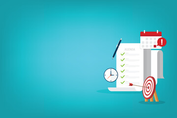 Meeting agenda. Reminder with a event list and schedule. Presentation with memo, Assignment target. Clipboard, checklist. Project task management and effective time.	